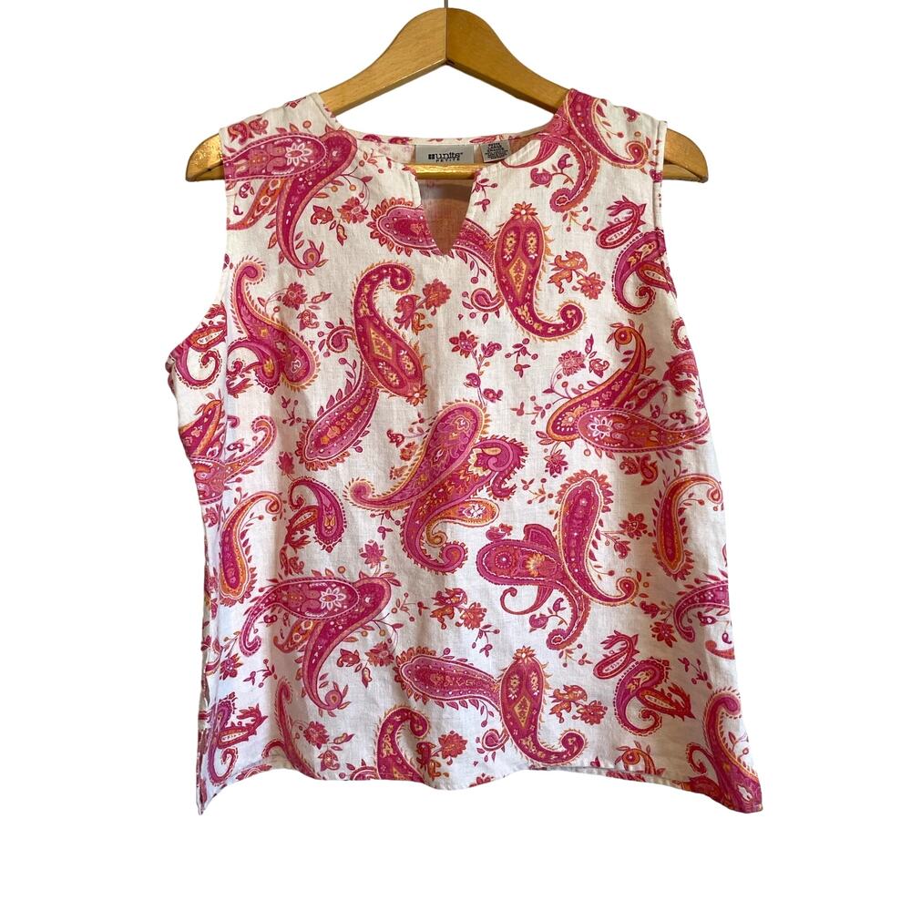 Units Sleeveless 100% Linen Pink Paisley Top Size Lp Boho Chic Resort Wear
